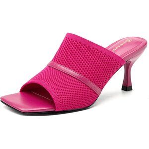 Women's Hot Pink Mesh Square Open Toe Commute Slip On Stiletto Heeled Slides